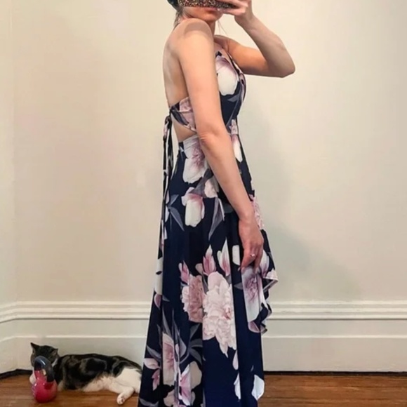 Dreamy, Dark Floral Surplice Maxi w/ Adjustable Crisscross Low Back - Picture 3 of 8